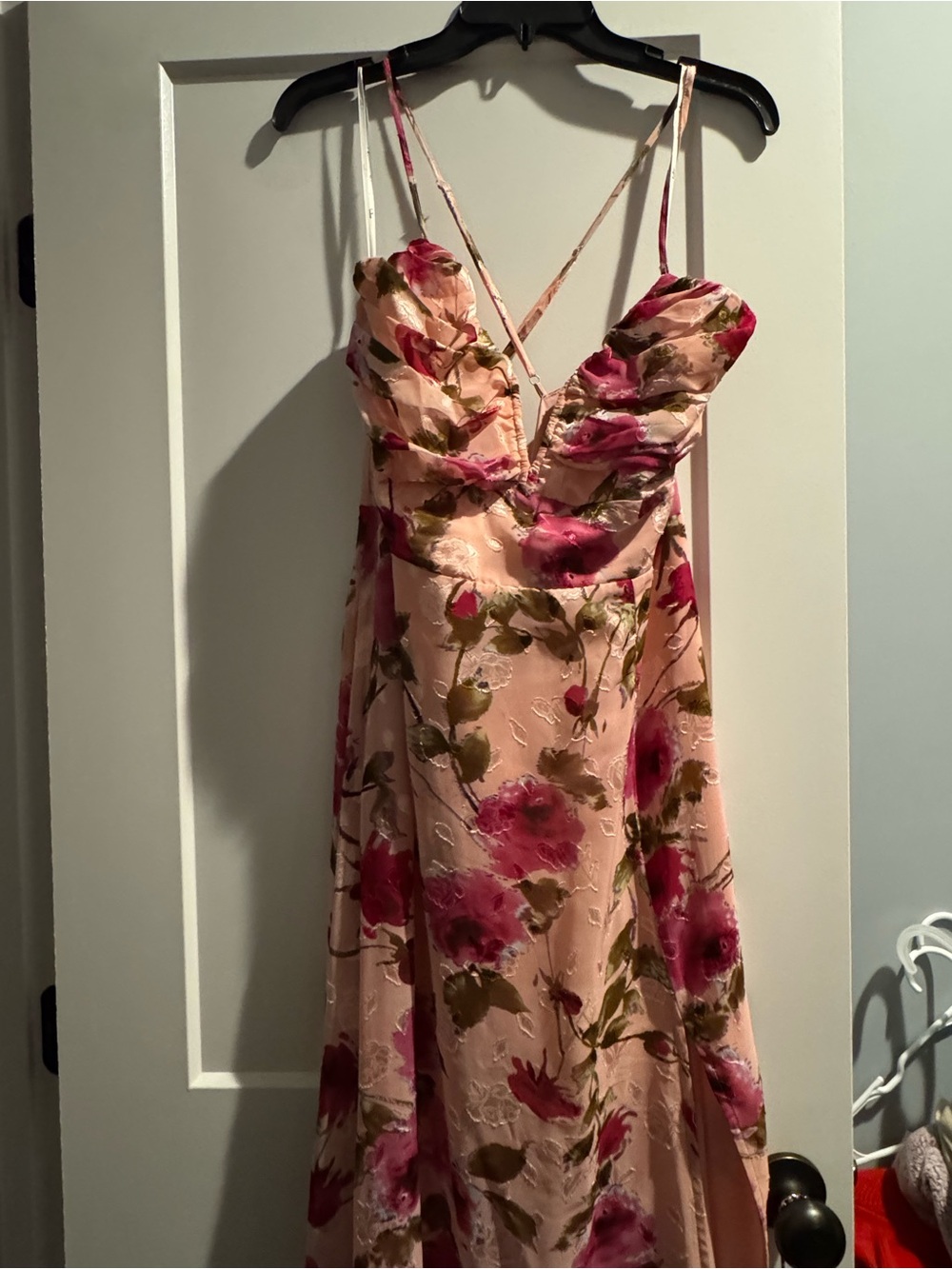 Lulus Pink Floral Satin Maxi Dress Size Large Slit Strappy Back